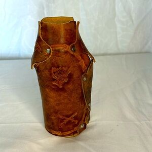 Leather handmade water bottle. Hunters theme embossed. Horse, deer, boots & bird